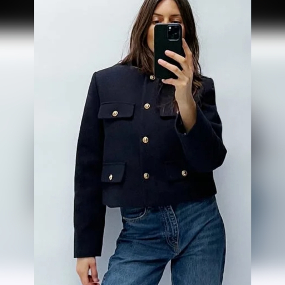 Zara textured tweed  jacket blazer navy blue size M - Picture 10 of 12